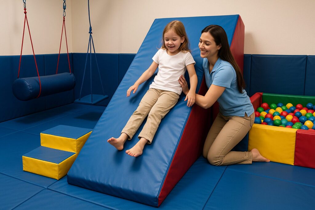 child in occupational therapy session on a giant wedge